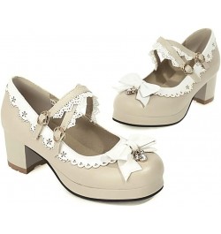 Women Sweet Lolita Cosplay Shoes Mid Block Heeled Mary Janes with Bow Beige $24.95 Pumps