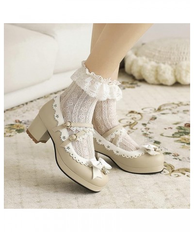 Women Sweet Lolita Cosplay Shoes Mid Block Heeled Mary Janes with Bow Beige $24.95 Pumps