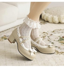 Women Sweet Lolita Cosplay Shoes Mid Block Heeled Mary Janes with Bow Beige $24.95 Pumps