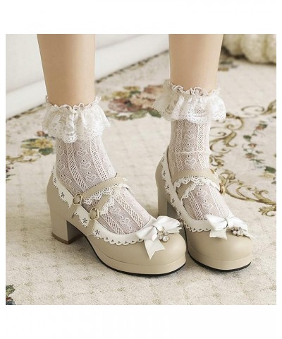 Women Sweet Lolita Cosplay Shoes Mid Block Heeled Mary Janes with Bow Beige $24.95 Pumps