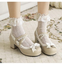 Women Sweet Lolita Cosplay Shoes Mid Block Heeled Mary Janes with Bow Beige $24.95 Pumps