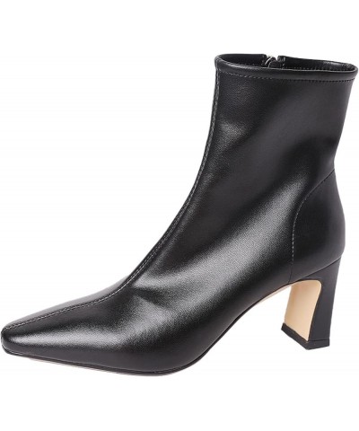 Ankle Boots for Woman with Block Heels Leather Comfortable Outdoor Anti-Slip Walking Ladies Pointed Toe Party Dress Shoe Blac...