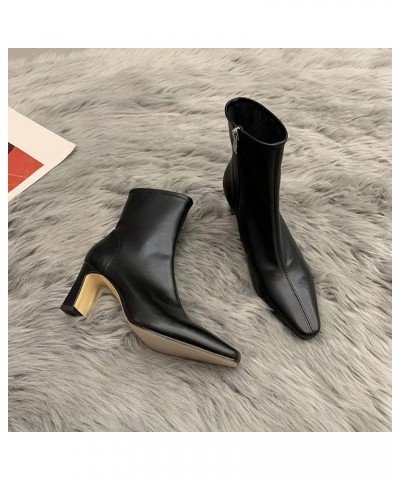 Ankle Boots for Woman with Block Heels Leather Comfortable Outdoor Anti-Slip Walking Ladies Pointed Toe Party Dress Shoe Blac...