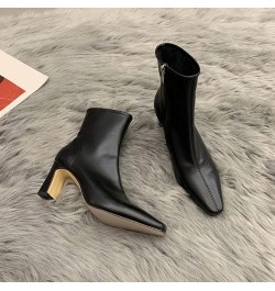 Ankle Boots for Woman with Block Heels Leather Comfortable Outdoor Anti-Slip Walking Ladies Pointed Toe Party Dress Shoe Blac...