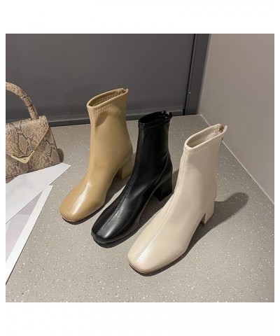 Women's Winter Ankle Boots Square Toe Block Chunky Mid Heels Leather Zip Fur Lining Warm Short Booties Warm/Apricot $27.02 Boots