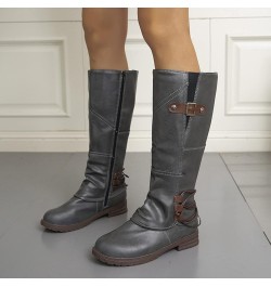 Cowboy Boots Women, Womens Platform Knee-high Moto Boots Calf Pull Wide On Leather Cowboy Boots Fashion Retro Boots Grey $22....