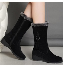 Women's Vegan Suede Side Zipper Mid Calf Boots Platform Wedge Casual Vintage Warm Lined Winter Boots Black $29.40 Boots