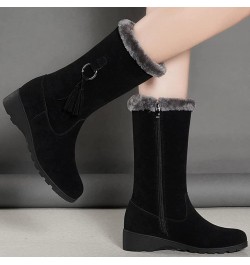 Women's Vegan Suede Side Zipper Mid Calf Boots Platform Wedge Casual Vintage Warm Lined Winter Boots Black $29.40 Boots