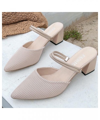 Women's Trendy Knitted Breathable High Chunky Heels Mules Pump for Office Wear Open-Back Slip on with Pointed Toe Mule Black ...