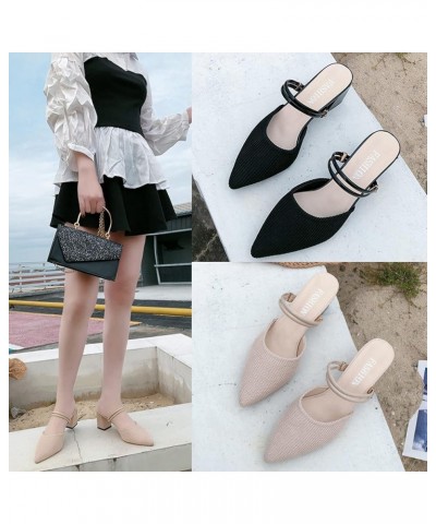 Women's Trendy Knitted Breathable High Chunky Heels Mules Pump for Office Wear Open-Back Slip on with Pointed Toe Mule Black ...