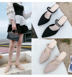 Women's Trendy Knitted Breathable High Chunky Heels Mules Pump for Office Wear Open-Back Slip on with Pointed Toe Mule Black ...