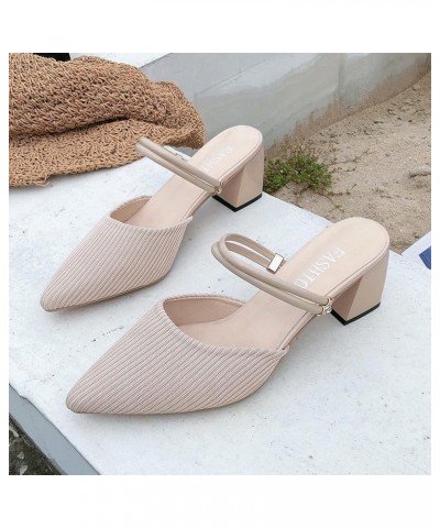 Women's Trendy Knitted Breathable High Chunky Heels Mules Pump for Office Wear Open-Back Slip on with Pointed Toe Mule Black ...