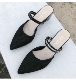 Women's Trendy Knitted Breathable High Chunky Heels Mules Pump for Office Wear Open-Back Slip on with Pointed Toe Mule Black ...