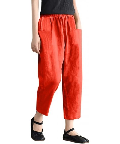 Stretch Pant Color Cotton and Linen Lace Up Elastic Waist Pants with Pocket Women Winter Pants plus Size Red➤➤ Cotton Linen P...