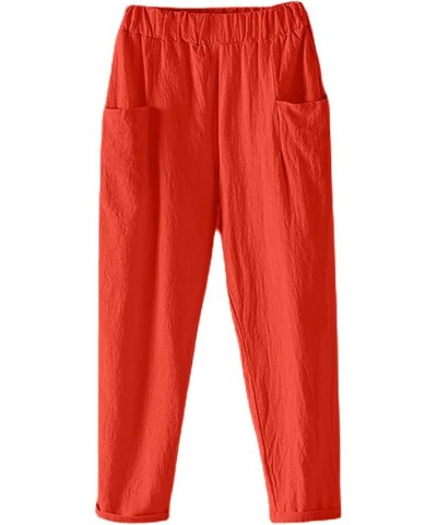 Stretch Pant Color Cotton and Linen Lace Up Elastic Waist Pants with Pocket Women Winter Pants plus Size Red➤➤ Cotton Linen P...