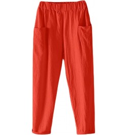 Stretch Pant Color Cotton and Linen Lace Up Elastic Waist Pants with Pocket Women Winter Pants plus Size Red➤➤ Cotton Linen P...