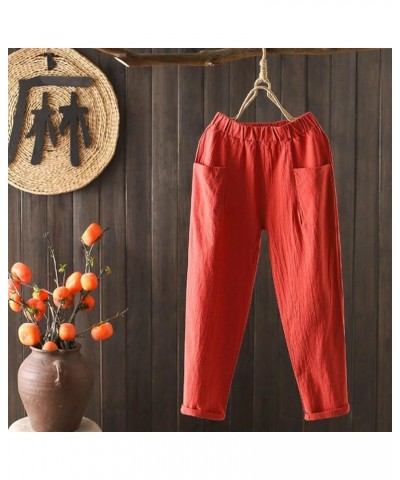 Stretch Pant Color Cotton and Linen Lace Up Elastic Waist Pants with Pocket Women Winter Pants plus Size Red➤➤ Cotton Linen P...