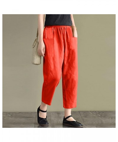 Stretch Pant Color Cotton and Linen Lace Up Elastic Waist Pants with Pocket Women Winter Pants plus Size Red➤➤ Cotton Linen P...