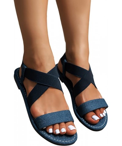 Flat Sandals for Women Dressy Sandals Women Casual Open Toe Denim Flat Soft Bottom Breathable Shoes Summer Elastic Ankle Stra...