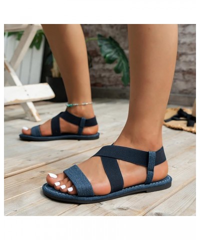 Flat Sandals for Women Dressy Sandals Women Casual Open Toe Denim Flat Soft Bottom Breathable Shoes Summer Elastic Ankle Stra...