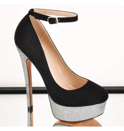 Women's Fashion Mary Jane Stiletto Pumps Clsoed Round Toe Buckle Strappy Platform Court Shoes Suede Black Silver $41.58 Pumps