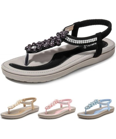 Thong Sandals for Women Beach,Bohemia Floral Flat Sandals T-Strap Summer Beach Glitter Beaded Elastic Flip-Flop Thong Shoes Z...