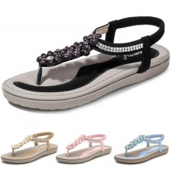 Thong Sandals for Women Beach,Bohemia Floral Flat Sandals T-Strap Summer Beach Glitter Beaded Elastic Flip-Flop Thong Shoes Z...