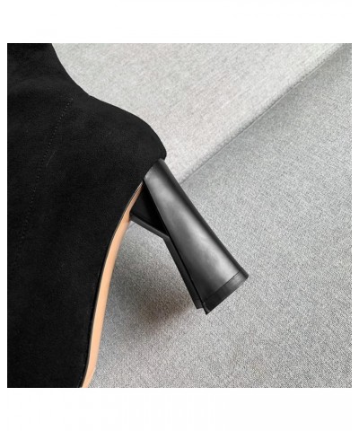 Women Ankle Boots Slip-on Pointed Toe Elastic Suede Booties Warm Winter High Chunky Heel Shoes for Winter Black Thicken $33.1...