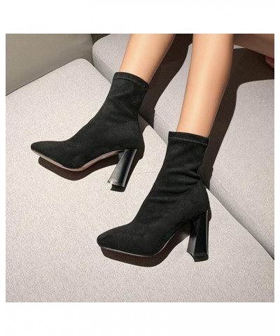 Women Ankle Boots Slip-on Pointed Toe Elastic Suede Booties Warm Winter High Chunky Heel Shoes for Winter Black Thicken $33.1...