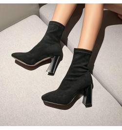 Women Ankle Boots Slip-on Pointed Toe Elastic Suede Booties Warm Winter High Chunky Heel Shoes for Winter Black Thicken $33.1...