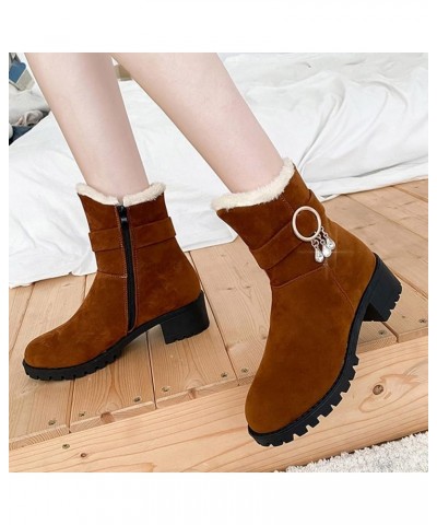 Fashion Winter Women Snow Boots Thick Heel Medium Heel Non Slip Sole Solid Color Plush Comfortable Suede Calf Boot Brown $13....