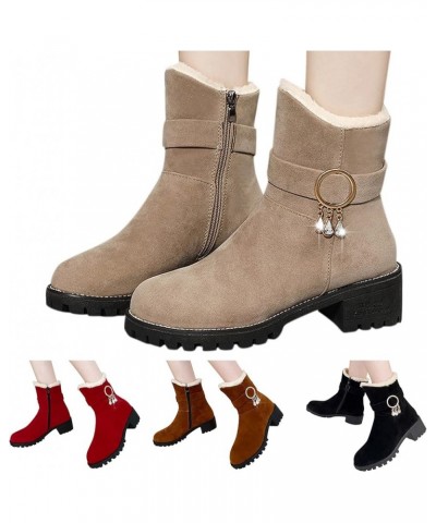 Fashion Winter Women Snow Boots Thick Heel Medium Heel Non Slip Sole Solid Color Plush Comfortable Suede Calf Boot Brown $13....