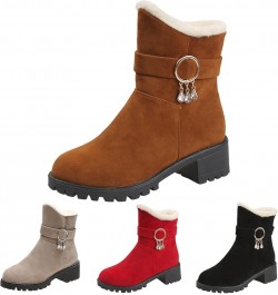 Fashion Winter Women Snow Boots Thick Heel Medium Heel Non Slip Sole Solid Color Plush Comfortable Suede Calf Boot Brown $13....