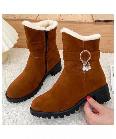 Fashion Winter Women Snow Boots Thick Heel Medium Heel Non Slip Sole Solid Color Plush Comfortable Suede Calf Boot Brown $13....