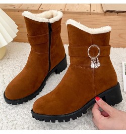 Fashion Winter Women Snow Boots Thick Heel Medium Heel Non Slip Sole Solid Color Plush Comfortable Suede Calf Boot Brown $13....