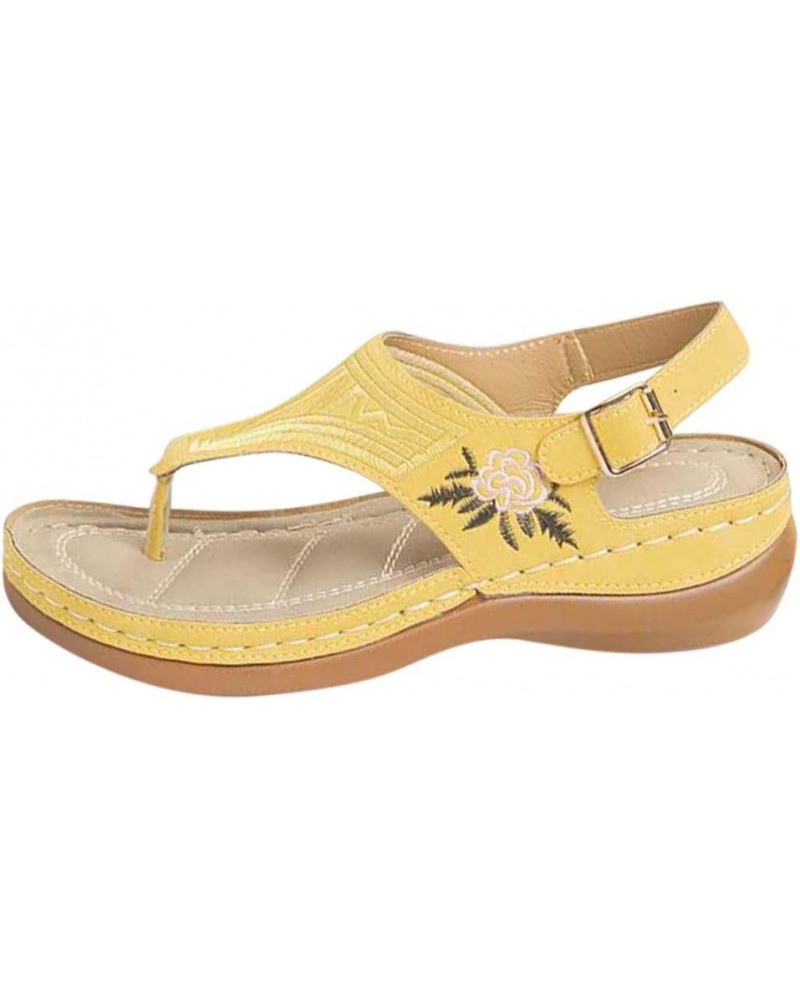 Women Flower Embroidery Platform Sandals Summer Fashion Clip Toe Slip on Flip Flops Causal Non Slip Arch Support Yellow $13.3...