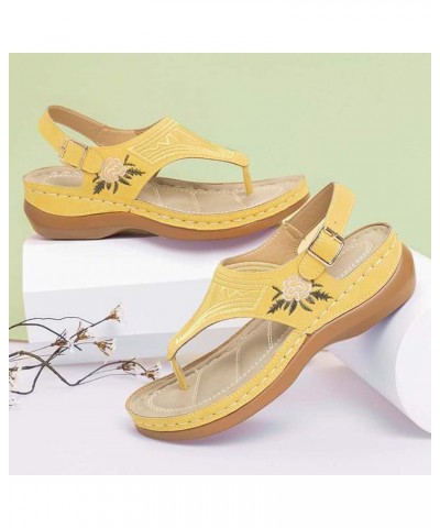 Women Flower Embroidery Platform Sandals Summer Fashion Clip Toe Slip on Flip Flops Causal Non Slip Arch Support Yellow $13.3...