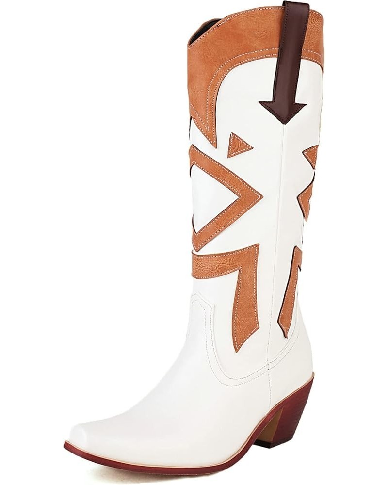 Vintage Print Cowgirl Boots For Women Snip Toe Chunky Heel Mid Calf Boots Classic Western Cowboy Boots White $23.52 Boots