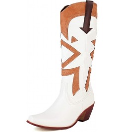 Vintage Print Cowgirl Boots For Women Snip Toe Chunky Heel Mid Calf Boots Classic Western Cowboy Boots White $23.52 Boots