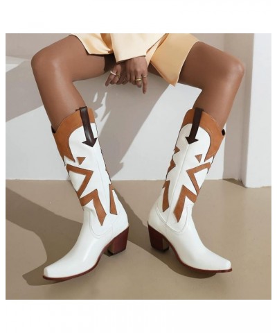 Vintage Print Cowgirl Boots For Women Snip Toe Chunky Heel Mid Calf Boots Classic Western Cowboy Boots White $23.52 Boots