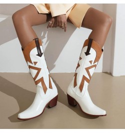 Vintage Print Cowgirl Boots For Women Snip Toe Chunky Heel Mid Calf Boots Classic Western Cowboy Boots White $23.52 Boots