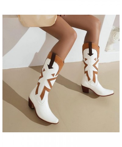 Vintage Print Cowgirl Boots For Women Snip Toe Chunky Heel Mid Calf Boots Classic Western Cowboy Boots White $23.52 Boots