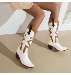 Vintage Print Cowgirl Boots For Women Snip Toe Chunky Heel Mid Calf Boots Classic Western Cowboy Boots White $23.52 Boots