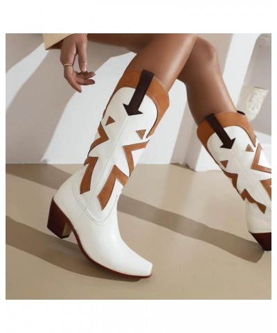 Vintage Print Cowgirl Boots For Women Snip Toe Chunky Heel Mid Calf Boots Classic Western Cowboy Boots White $23.52 Boots