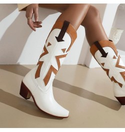 Vintage Print Cowgirl Boots For Women Snip Toe Chunky Heel Mid Calf Boots Classic Western Cowboy Boots White $23.52 Boots