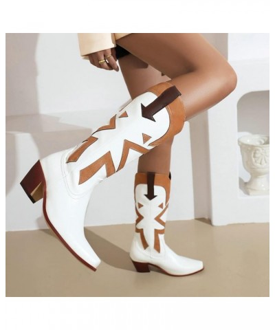 Vintage Print Cowgirl Boots For Women Snip Toe Chunky Heel Mid Calf Boots Classic Western Cowboy Boots White $23.52 Boots