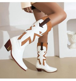 Vintage Print Cowgirl Boots For Women Snip Toe Chunky Heel Mid Calf Boots Classic Western Cowboy Boots White $23.52 Boots