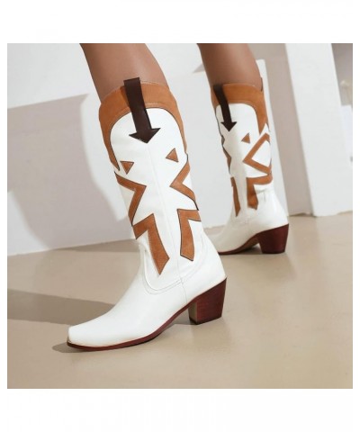 Vintage Print Cowgirl Boots For Women Snip Toe Chunky Heel Mid Calf Boots Classic Western Cowboy Boots White $23.52 Boots