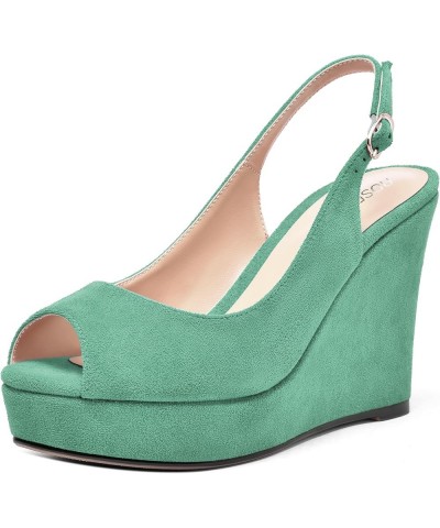 Womens Buckle Peep Toe Fashion Suede Sexy Evening Slingback Wedge High Heel Pumps Shoes 4 Inch Cyan $42.90 Pumps