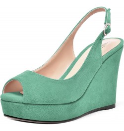 Womens Buckle Peep Toe Fashion Suede Sexy Evening Slingback Wedge High Heel Pumps Shoes 4 Inch Cyan $42.90 Pumps